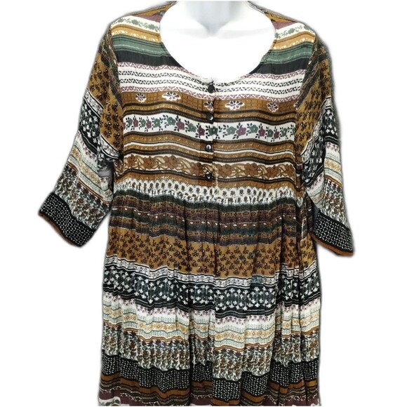 PTNY Midi Dress Size M Gauzy 3/4 Sleeve Brown Green Lightweight Eart tones fairy - Picture 2 of 12